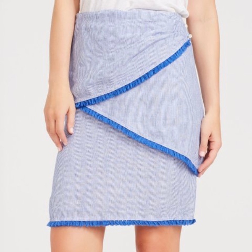 J Mclaughlin Mallorca Linen Asymmetrical-Layer Blue & White Striped Skirt